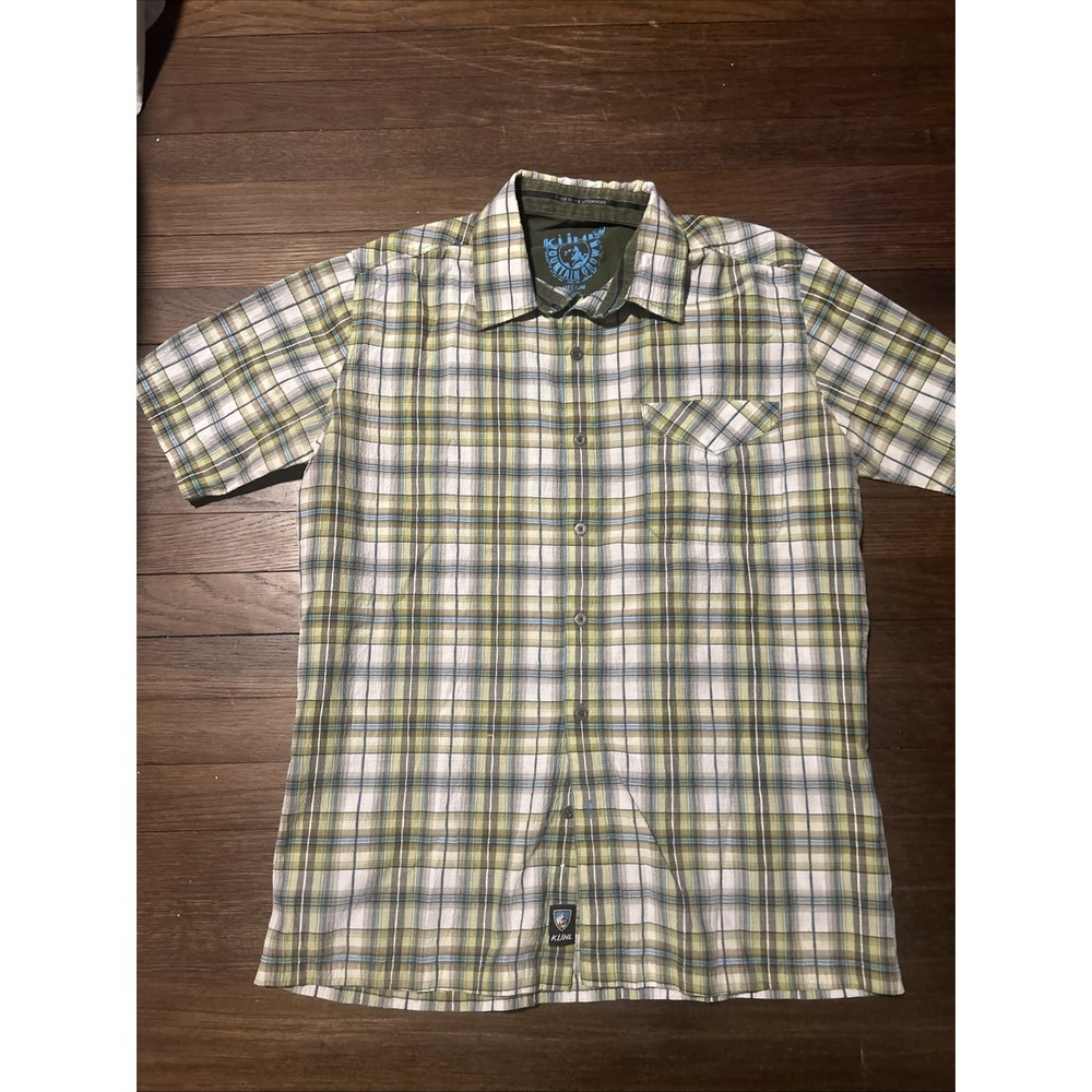 Kuhl Response Shirt Mens Medium Beige Green Plaid Mountain Grown Eluxur
